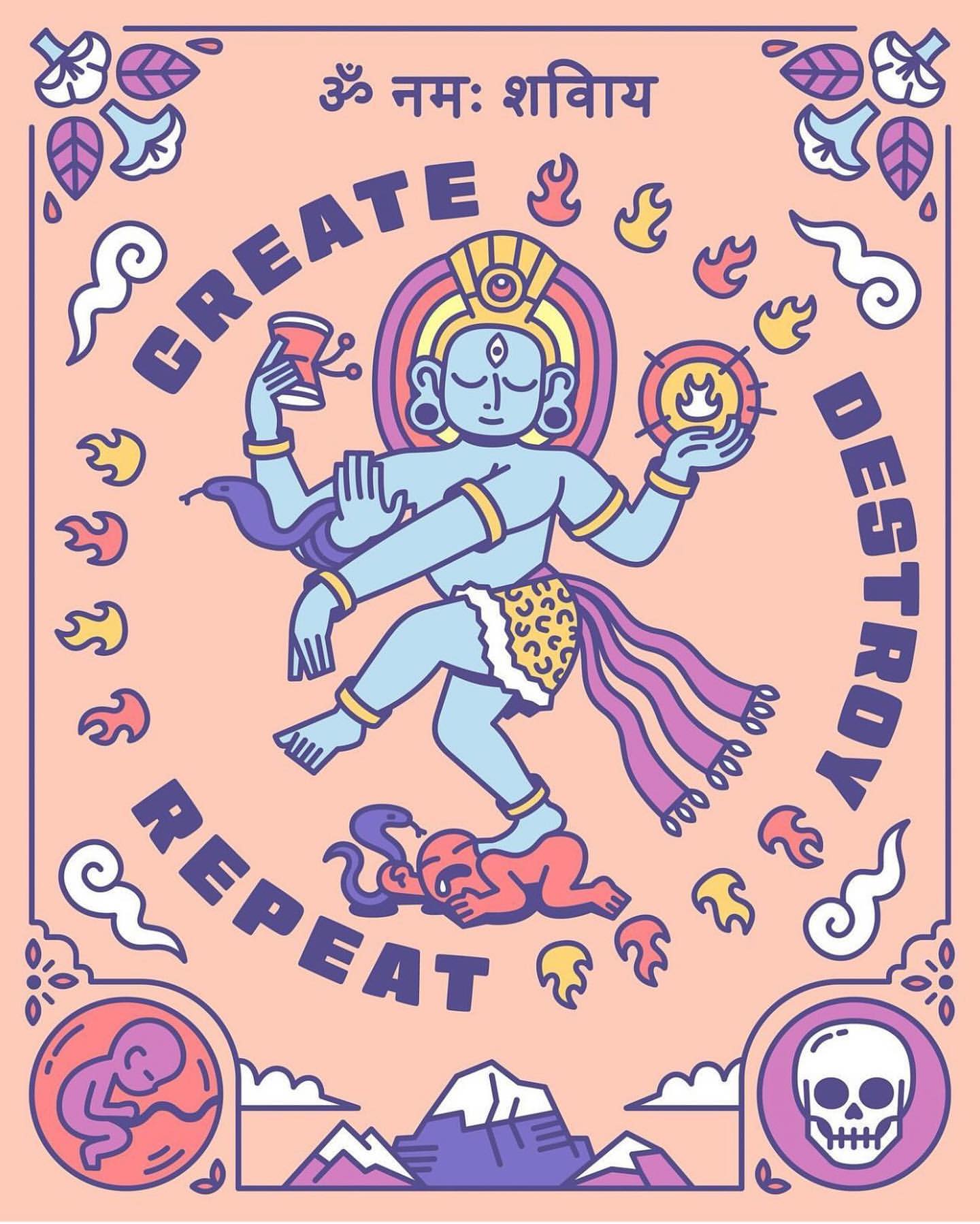 Illustration of a blue deity-like figure with multiple arms, holding symbolic objects, standing atop a figure, with text and decorative elements.