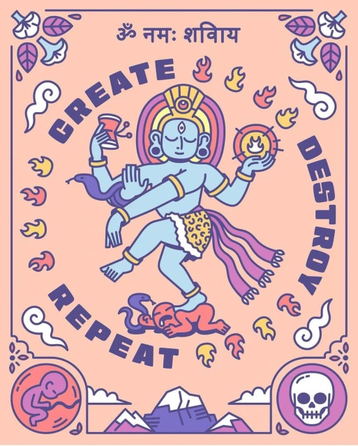 Illustration of a blue deity-like figure with multiple arms, holding symbolic objects, standing atop a figure, with text and decorative elements.