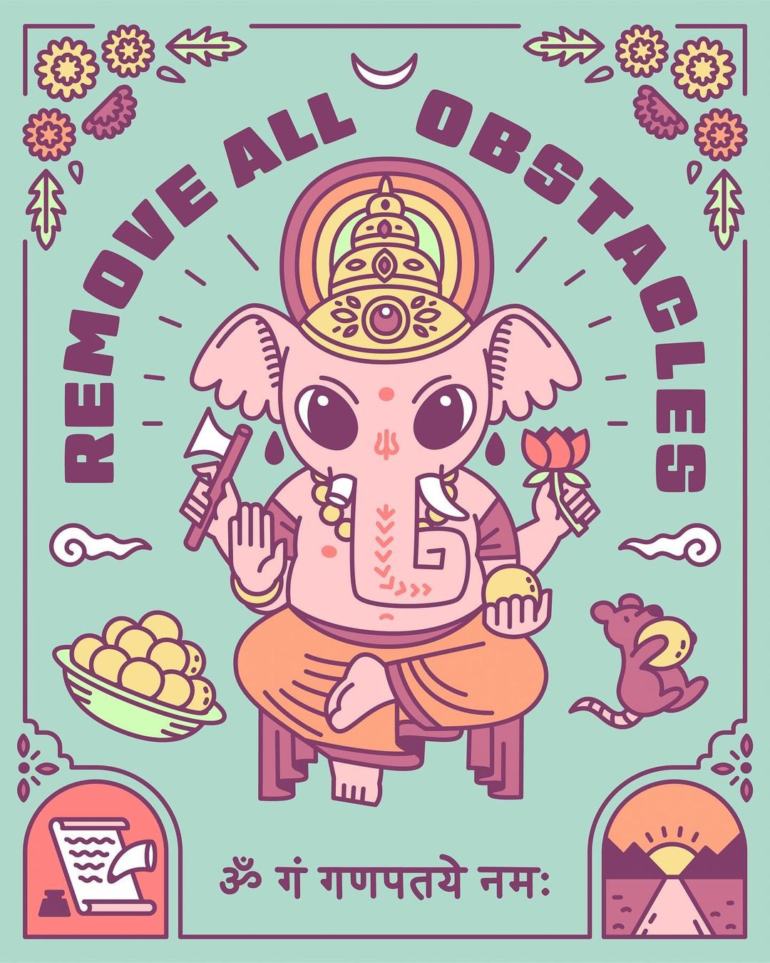 Illustration of Lord Ganesha holding an axe and lotus flower, with sweets, a mouse, and text on a patterned light-green background.