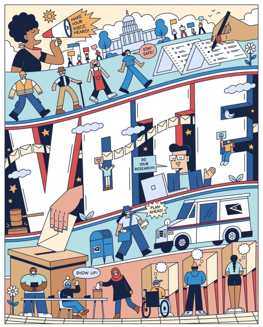 Illustration of people voting, with banners, ballot box, and the US Capitol building in the background. Voting and civics theme.