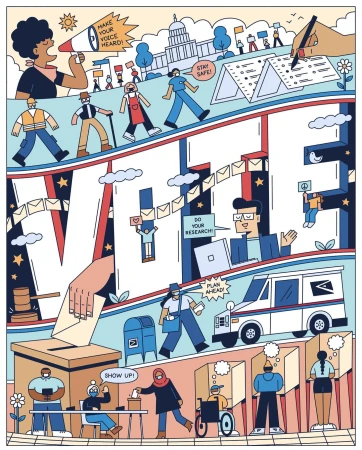 Illustration of people voting, with banners, ballot box, and the US Capitol building in the background. Voting and civics theme.