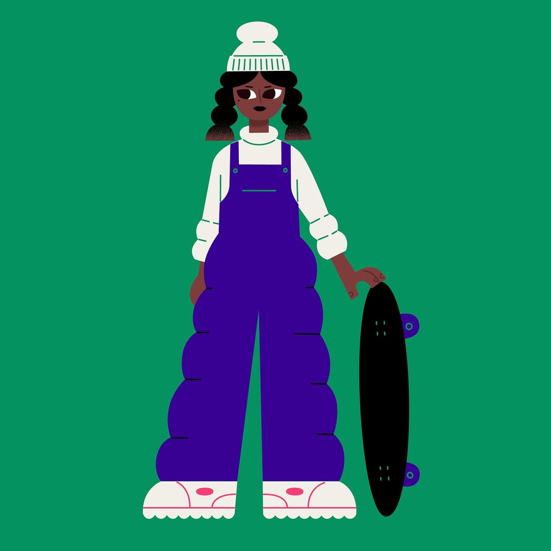 Illustration of a young African American girl with a skateboard in a colorful cartoon style with bold lines on a green background.