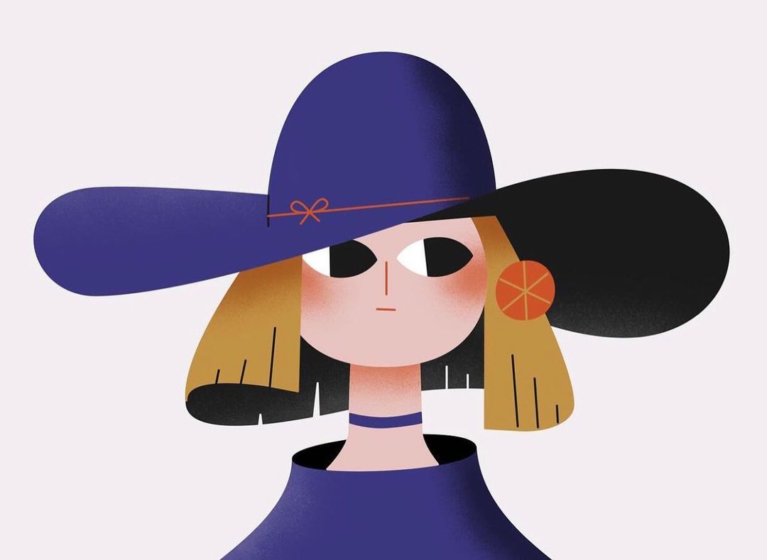 Stylish woman illustration wearing a wide-brimmed hat and matching dress with bob haircut and orange circular earrings on a light background.