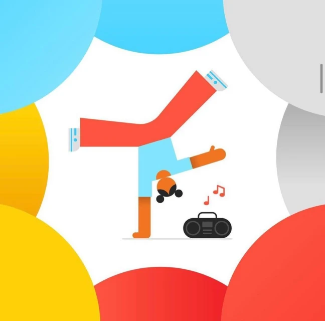 Illustration of a person doing a one-handed handstand next to a boombox surrounded by colorful circular graphic elements on white.
