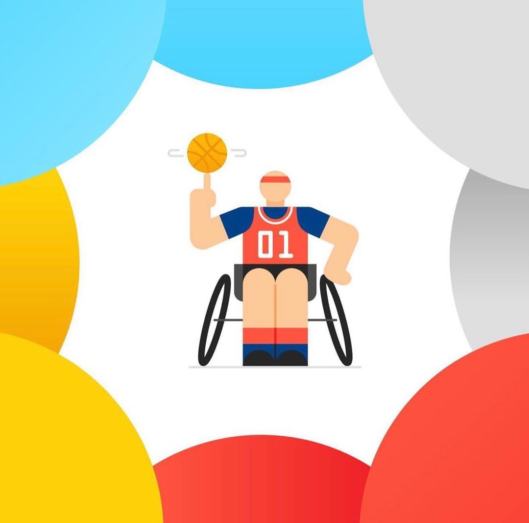 Illustration of a wheelchair basketball athlete spinning an orange ball on their finger, set against a colourful circular background.