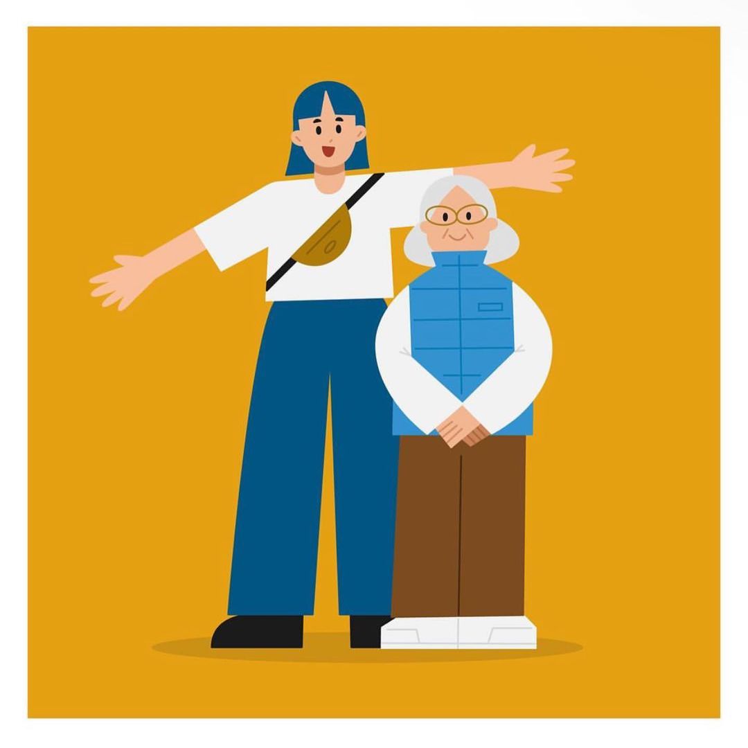 Illustration of a young adult and an elderly woman standing together against a yellow background, flat vector graphics art.
