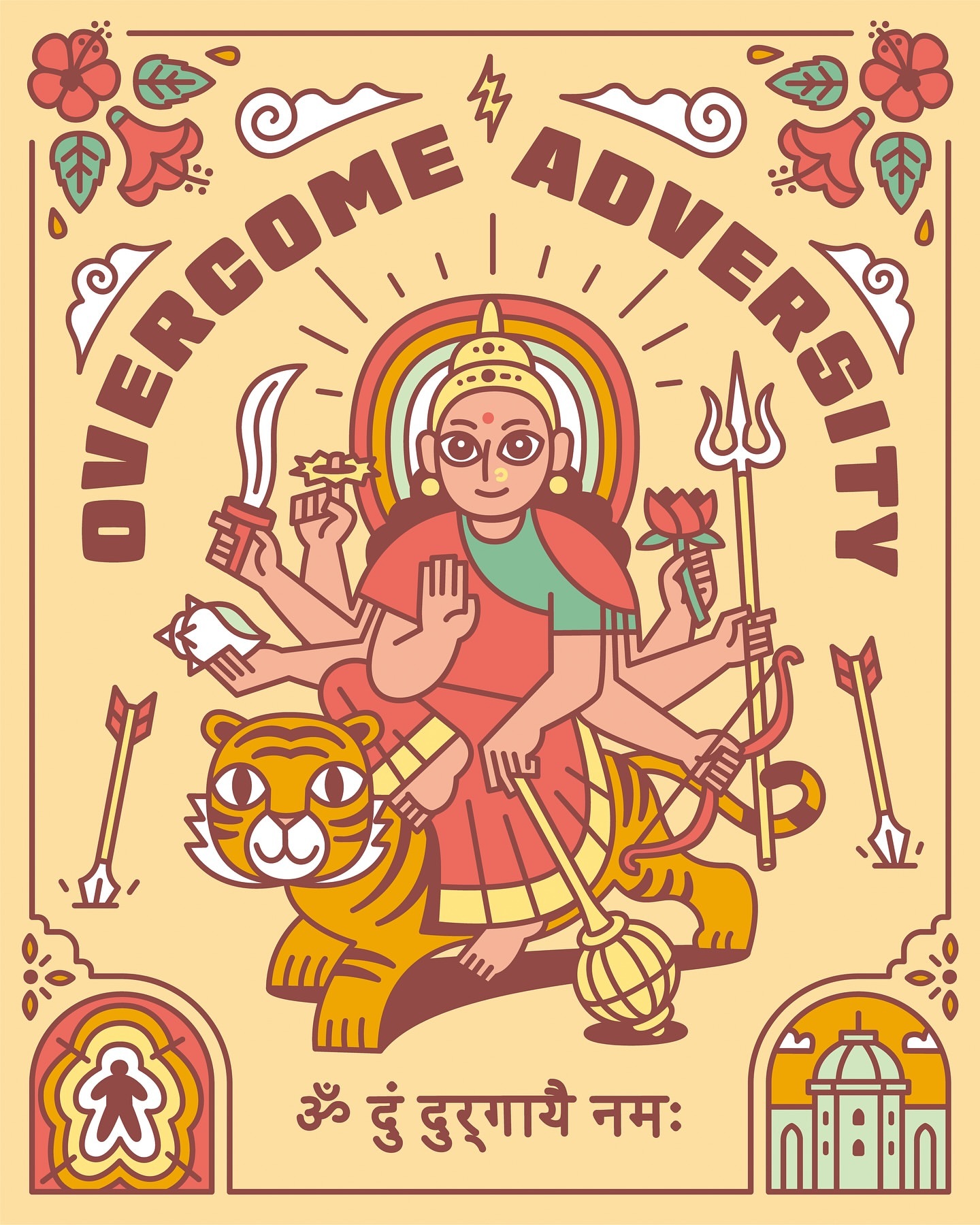 Illustration of a multi-armed deity riding a tiger, framed by floral designs and the words 'Overcome Adversity' on a tan background.