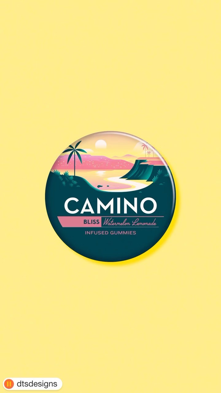 Whimsical gummy product label featuring a tropical beach scene, palm trees, and sunset colors against a pastel yellow backdrop.