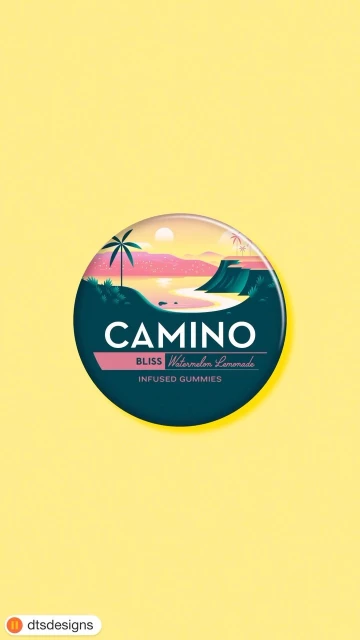 Whimsical gummy product label featuring a tropical beach scene, palm trees, and sunset colors against a pastel yellow backdrop.