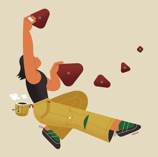 Illustration of a woman climbing an indoor rock wall, wearing climbing shoes and yellow pants with a coffee mug attached to her hip.