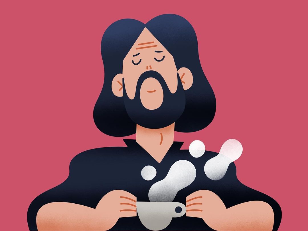 Illustration of a man with long hair and a beard holding a steaming cup of coffee against a rose background. Cartoon style.