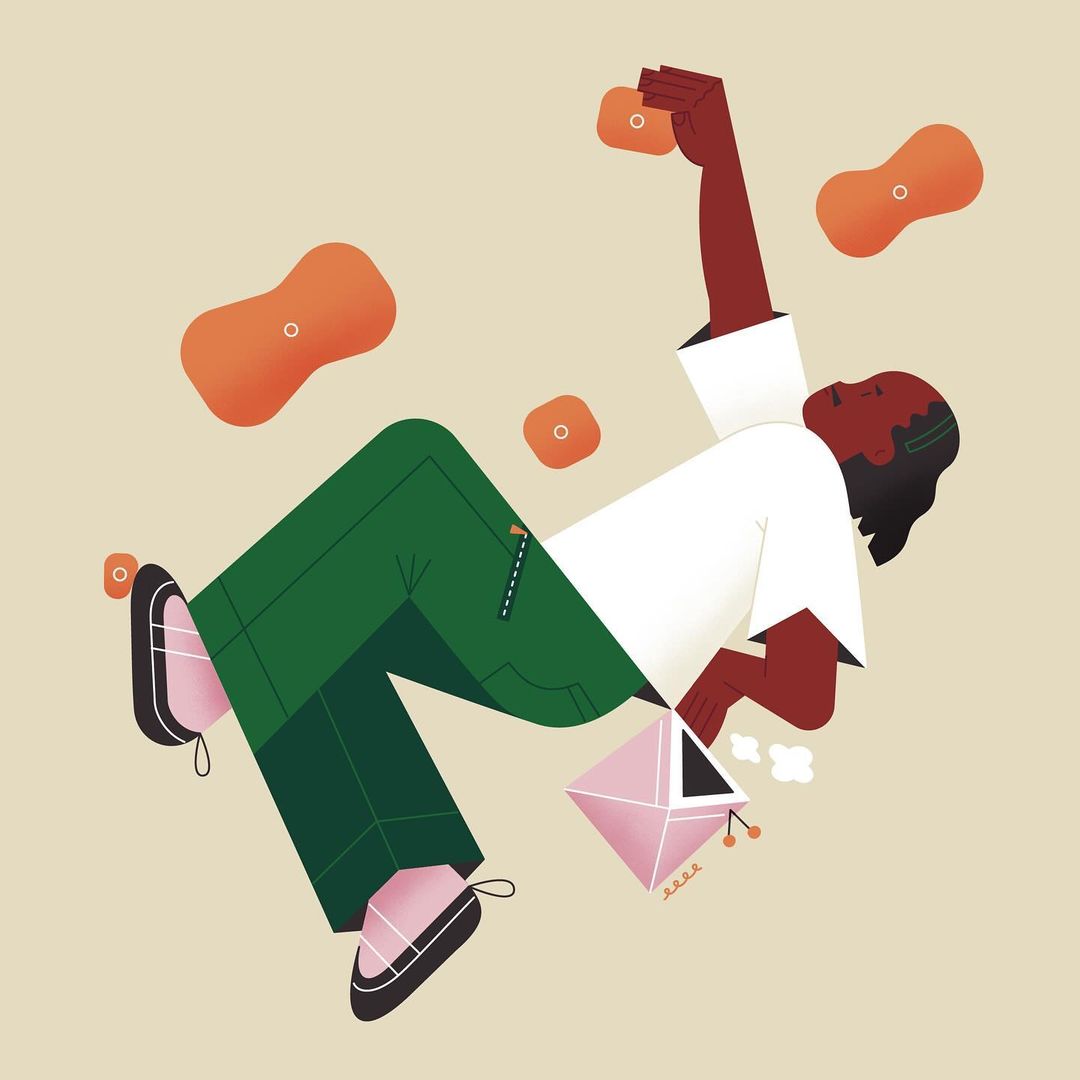 Illustration of a person in green pants, a white shirt, and pink shoes holding a pink envelope on a cream-colored background with orange shapes.