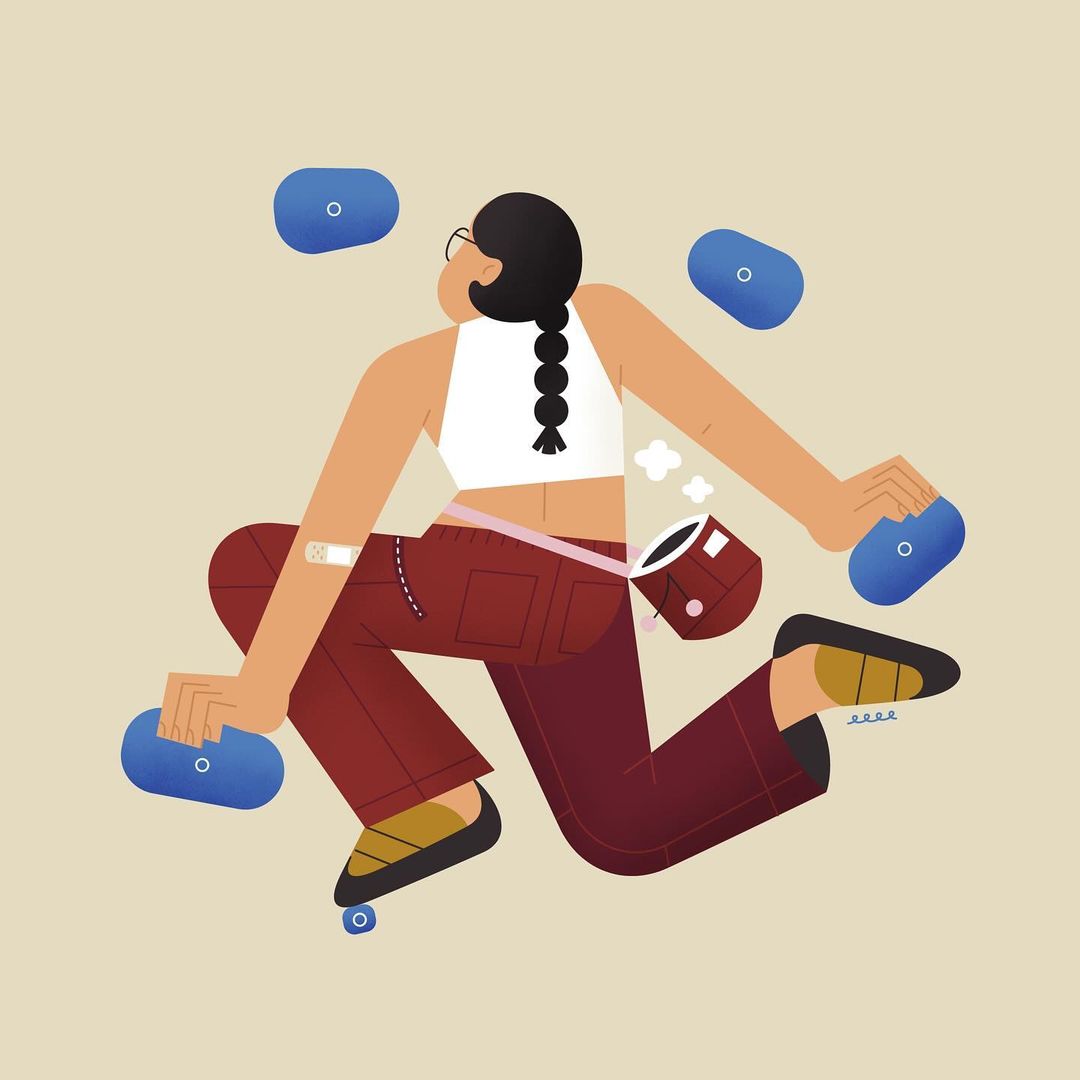 Illustration of a woman rock climbing indoors, reaching for blue holds on a beige wall, wearing a chalk bag and climbing shoes.