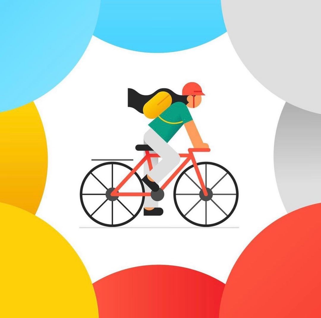 Illustration of an adult riding a red bicycle with a yellow backpack, framed by colorful circles on a white background.
