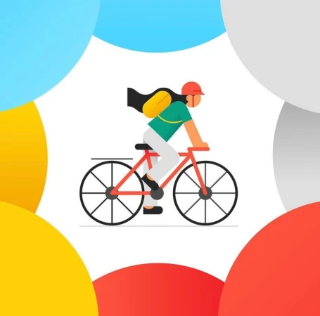 Illustration of an adult riding a red bicycle with a yellow backpack, framed by colorful circles on a white background.