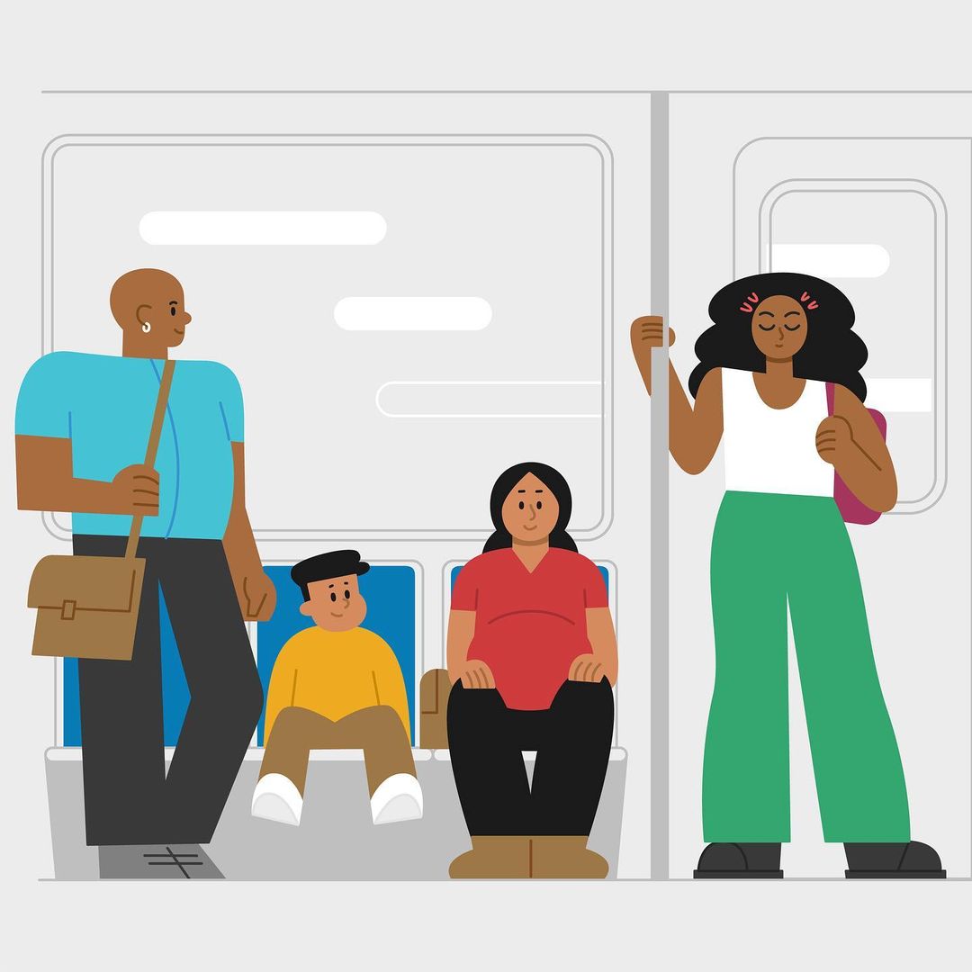 Illustration of four diverse people riding in a subway car, including a child seated and others standing, with simple, modern graphic style.
