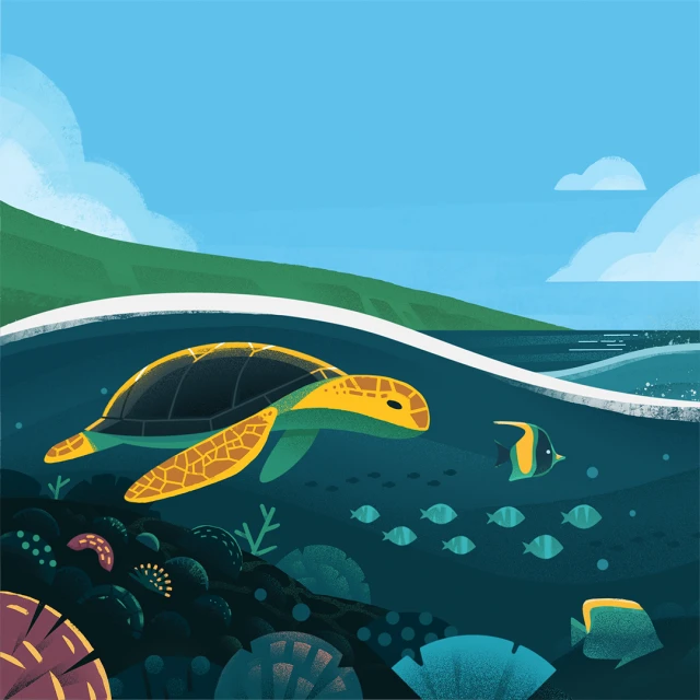 Cartoon sea turtle swims in ocean illustration with reef and school of fish in vector image with blue sky and island background.
