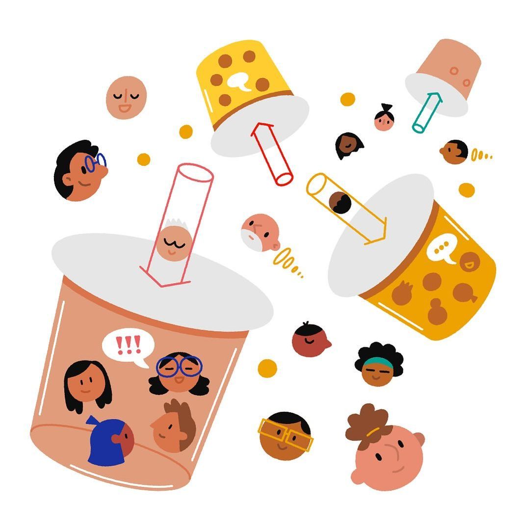 Illustration of bubble tea drinks with smiling faces of diverse people, set against a clean white background, cheerful and modern.