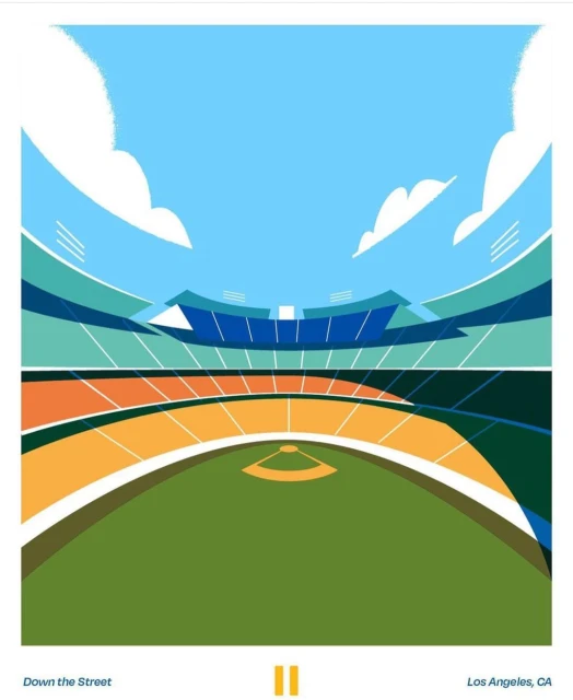 Illustrated baseball stadium with green field, orange seating, and blue sky and clouds, vector-style graphic design poster.