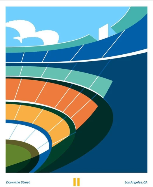 Illustration of Dodger Stadium in Los Angeles, CA. Orange, green, blue and white colors are featured in this illustration. 