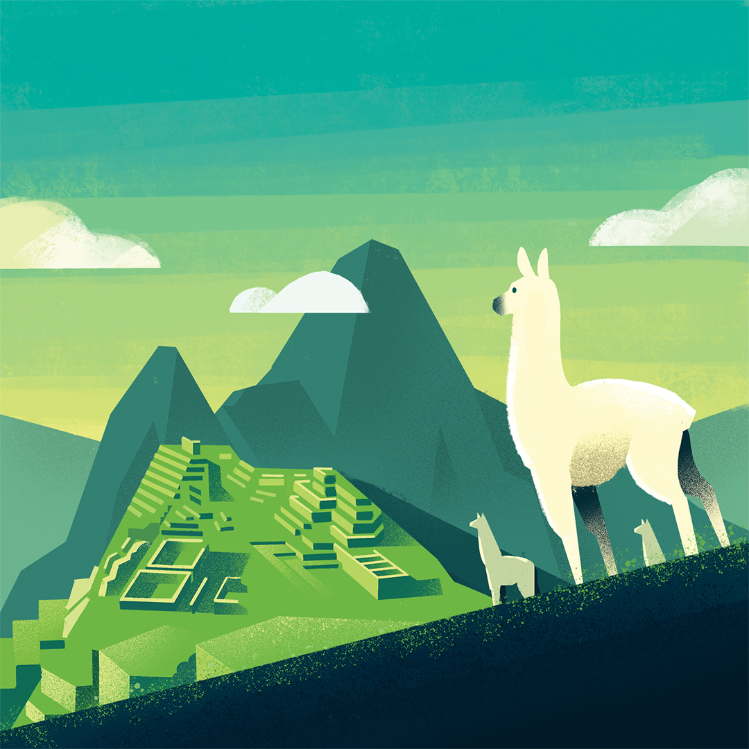 Illustration of Machu Picchu with a llama in the foreground, set against a green and blue sky with scattered clouds.