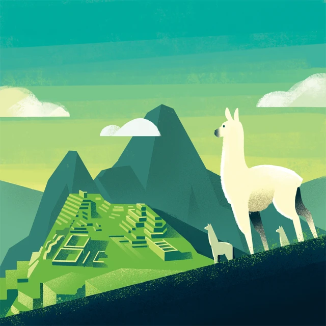 Illustration of Machu Picchu with a llama in the foreground, set against a green and blue sky with scattered clouds.