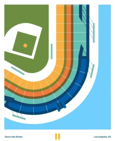 Illustration of a baseball field and stadium in a minimalist style, with green field, orange and blue seating, and a light blue water feature.