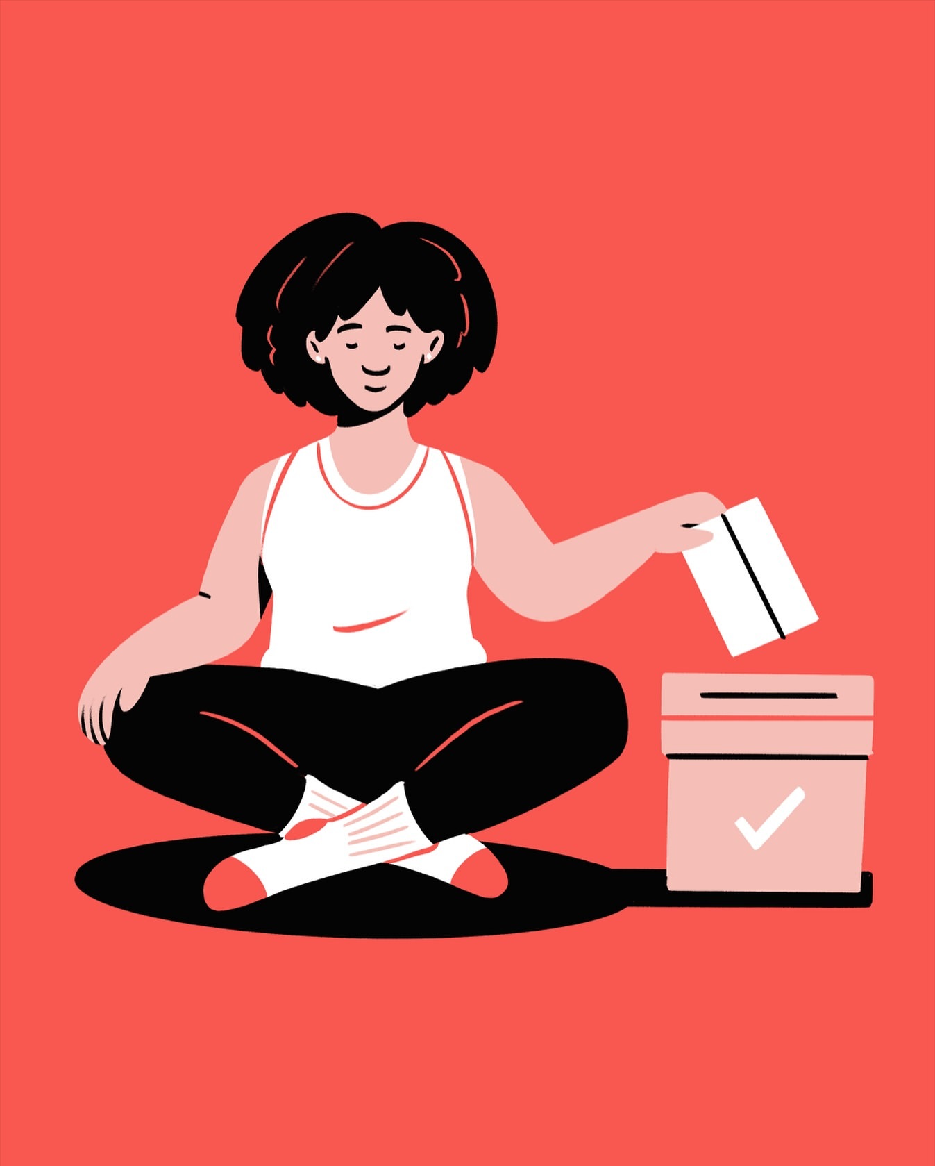 Illustration of a woman dropping an envelope into a ballot box, against a red background, in a modern cartoon style.