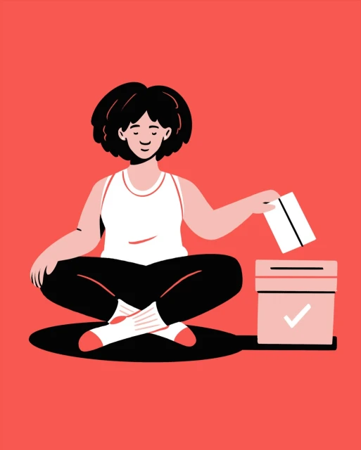 Illustration of a woman dropping an envelope into a ballot box, against a red background, in a modern cartoon style.