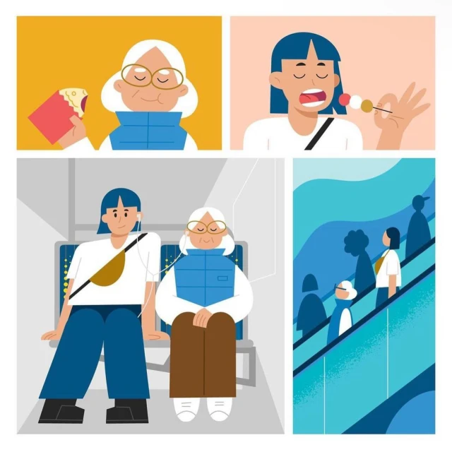 Digital illustration with cartoon characters. Elderly and young people depicted in four scenes eating, on public transport, and escalator.