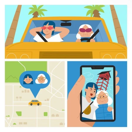 Illustration of two women on road trip, driving a yellow car, with palm trees, map route, and a tourist selfie.