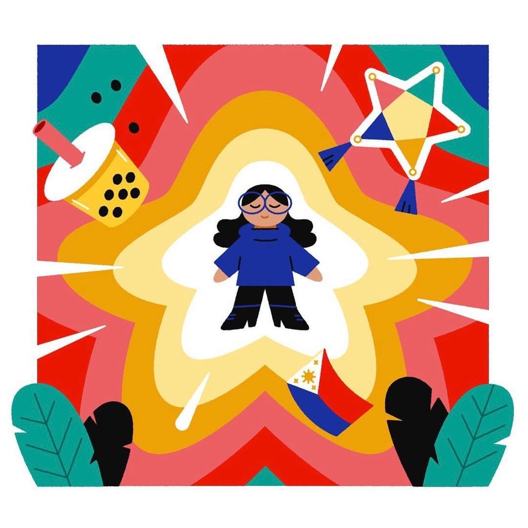 Illustration of a person wearing glasses surrounded by colorful shapes, a star lantern, bubble tea, and the Philippine flag.