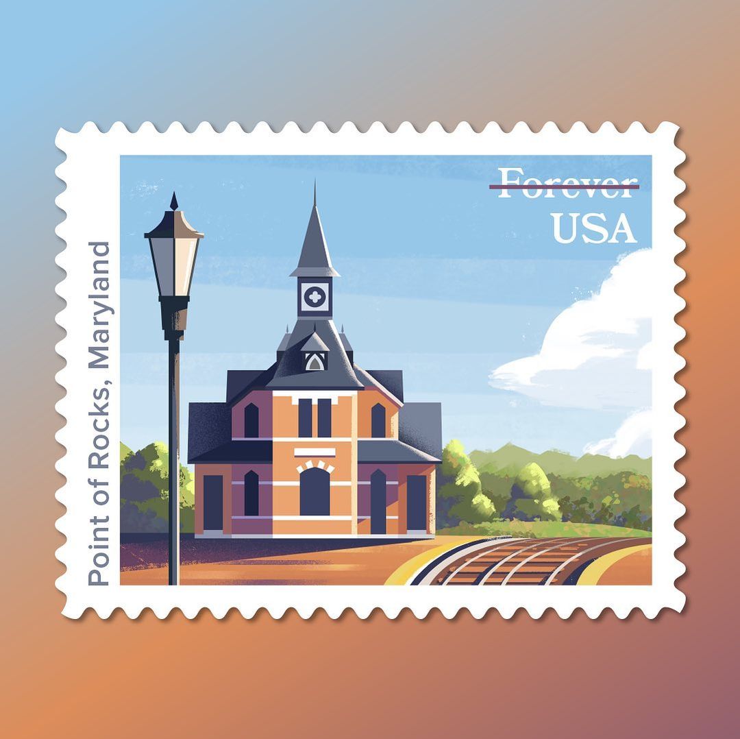 Illustration on a postage stamp: a lamp post and historic brick train station in Point of Rocks, Maryland, under a partly cloudy blue sky.