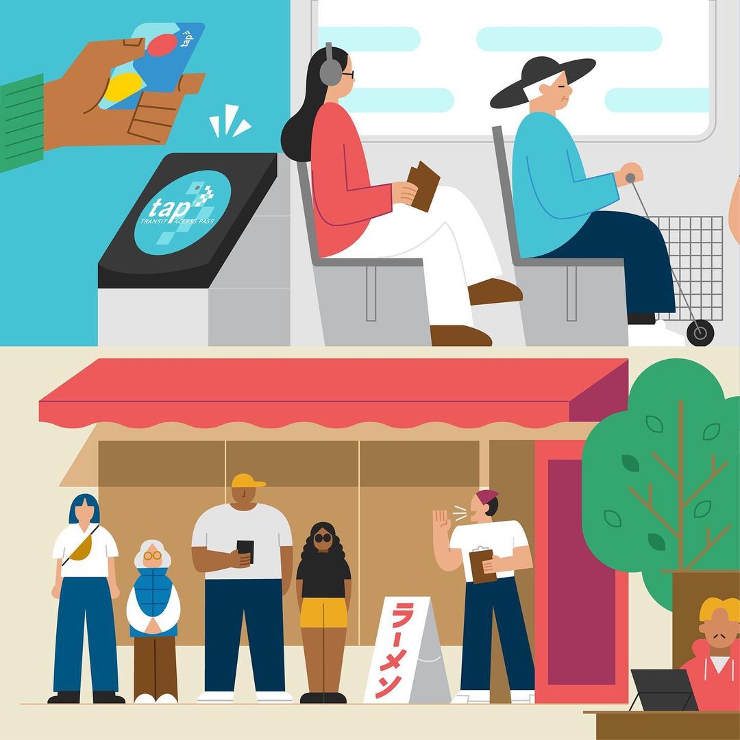 Illustration of people using public transit, tapping payment cards, waiting at a ramen restaurant, and using technology.