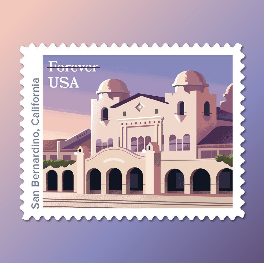 Postage stamp illustration featuring the historic San Bernardino, California, train depot with stylized architecture and a vintage aesthetic.