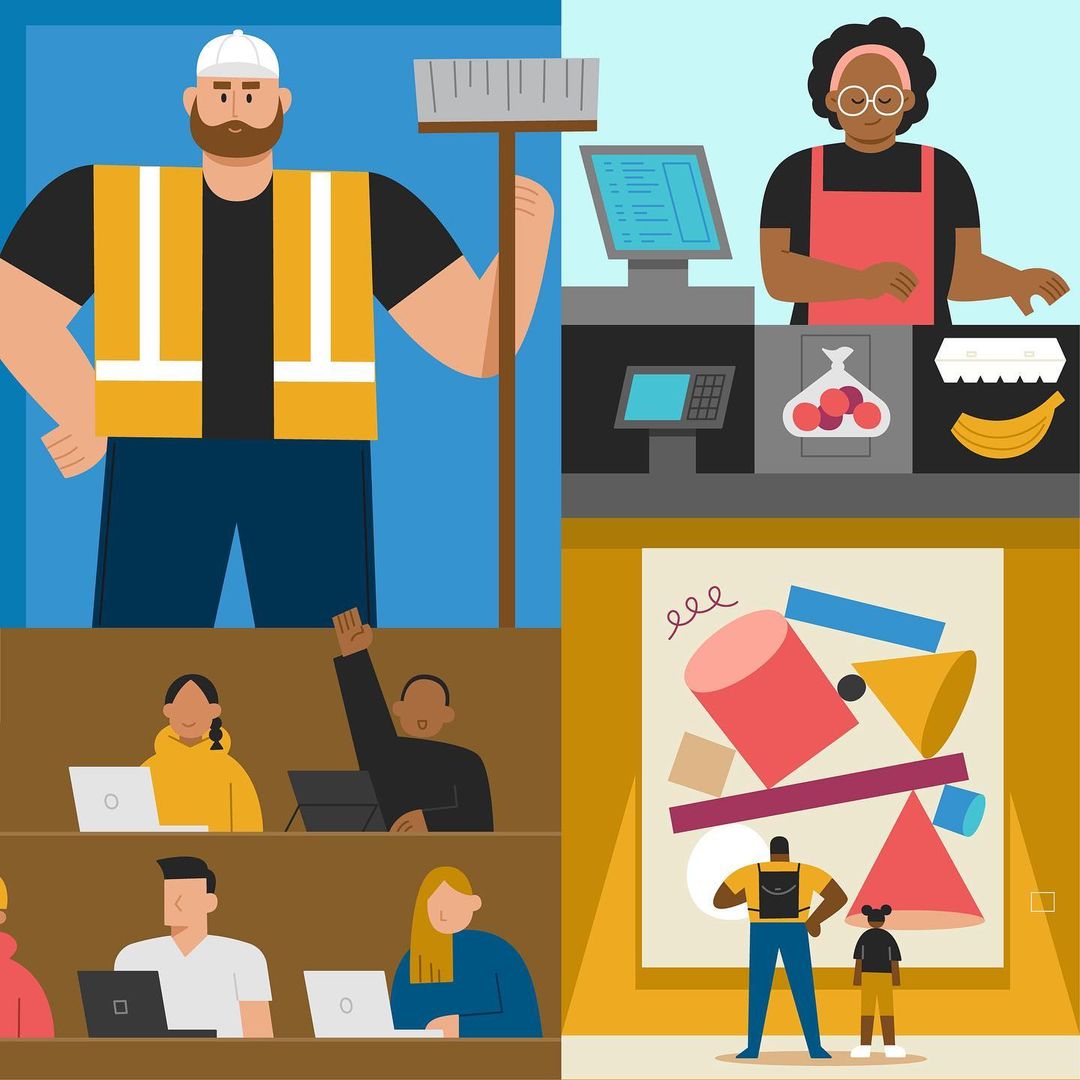 A collage-style vector illustration featuring four scenes with various people, indoor environments, and blocky colors in a digital art style.