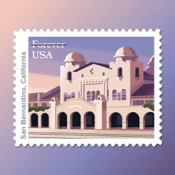 An illustrated postage stamp featuring the San Bernardino railway station building in California under a dusky sky.