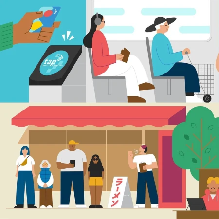 Digital illustration of passengers riding public transit and people walking past a storefront by Down The Street Designs.