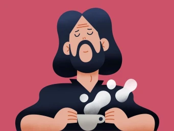Illustration of a bearded man with long dark hair holding a steaming cup of coffee against a reddish pink background.