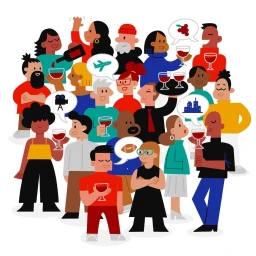 Digital illustration of a diverse group of people drinking wine together by Down The Street Designs