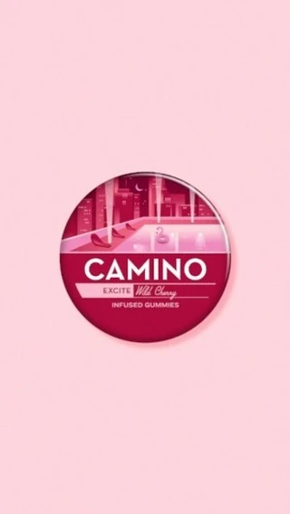 A round product badge with pink cityscape illustration against a solid light pink background.