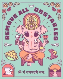 Digital illustration of Ganesha holding an axe and lotus flower with text reading Remove All Obstacles