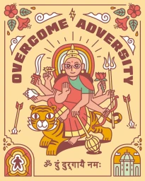 Digital illustration of a multi-armed deity riding a tiger, framed by floral motifs and bold text reading Overcome Adversity.