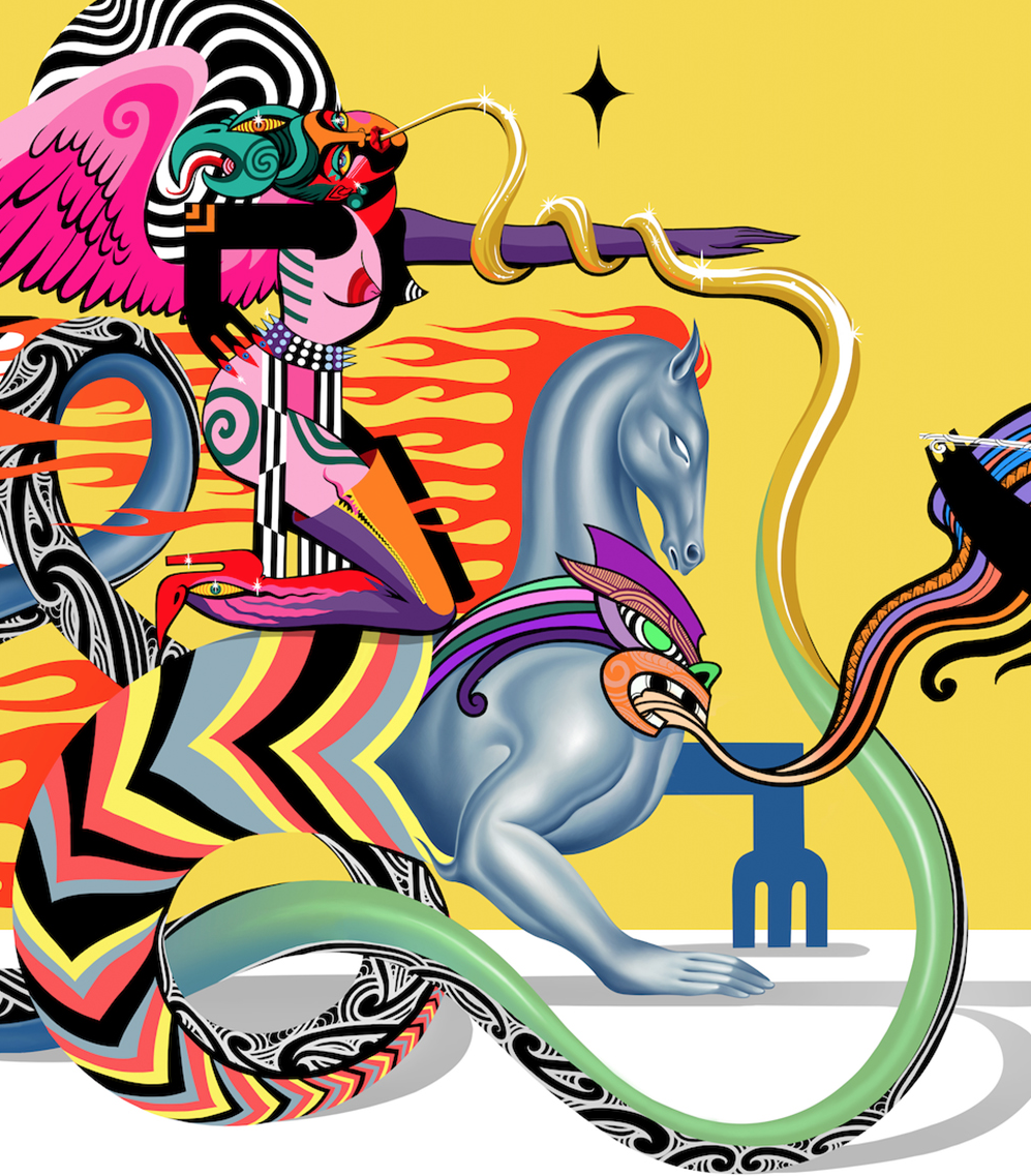 Stylized art features a figure riding a fantastical horse-like creature with vibrant colors, intricate patterns, set against yellow backdrop.