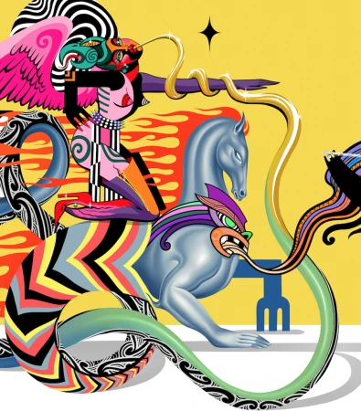 Stylized art features a figure riding a fantastical horse-like creature with vibrant colors, intricate patterns, set against yellow backdrop.