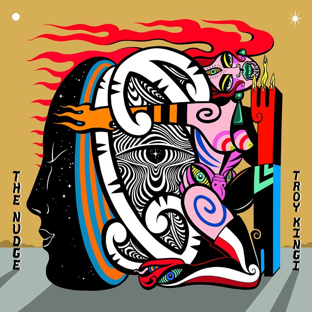 Abstract illustration featuring a stylized human face, flames, geometric shapes, and a surreal, dreamlike aesthetic with vibrant colors.