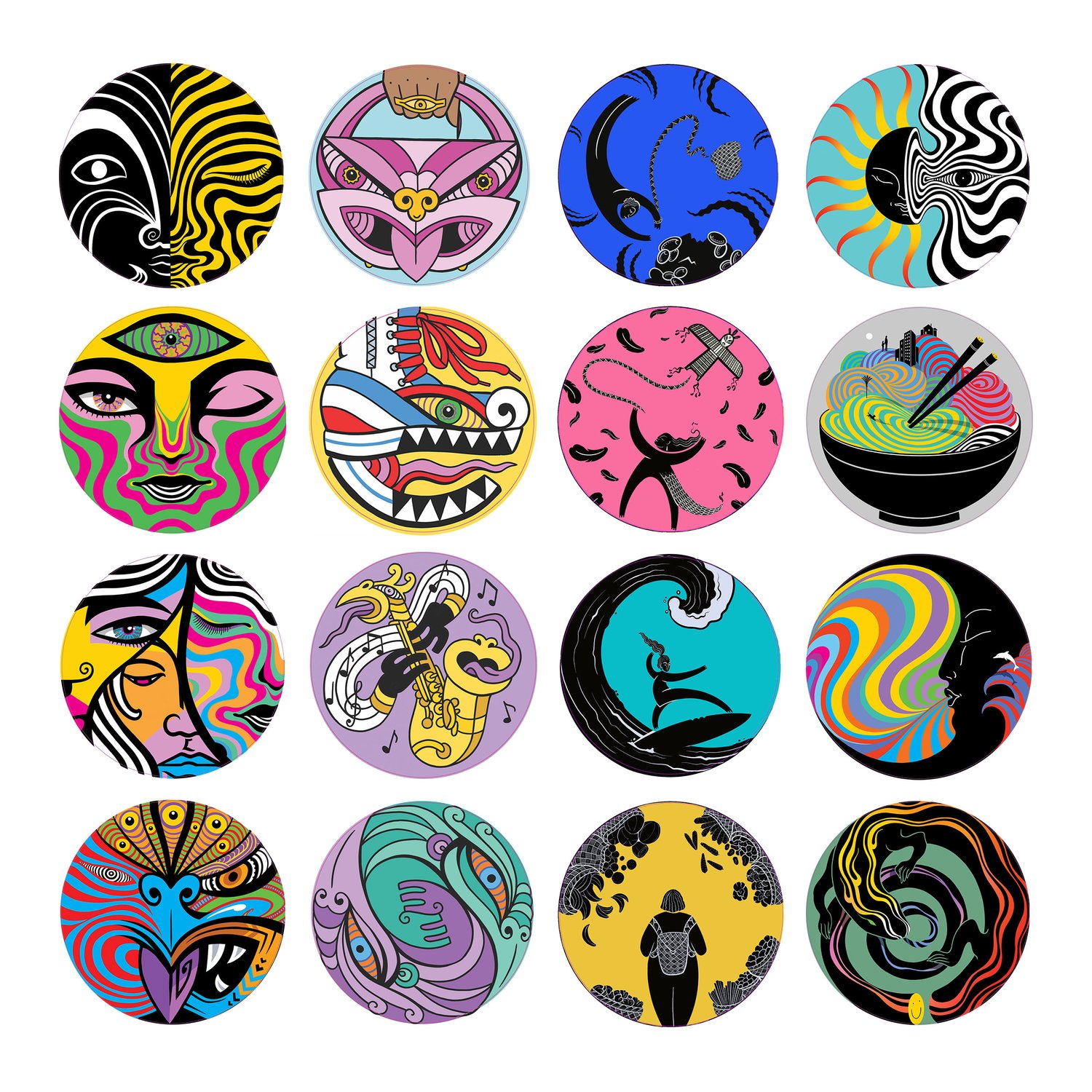 Sixteen circular artworks displaying a variety of surreal vector images, including faces, animals, and abstract designs on a white background.