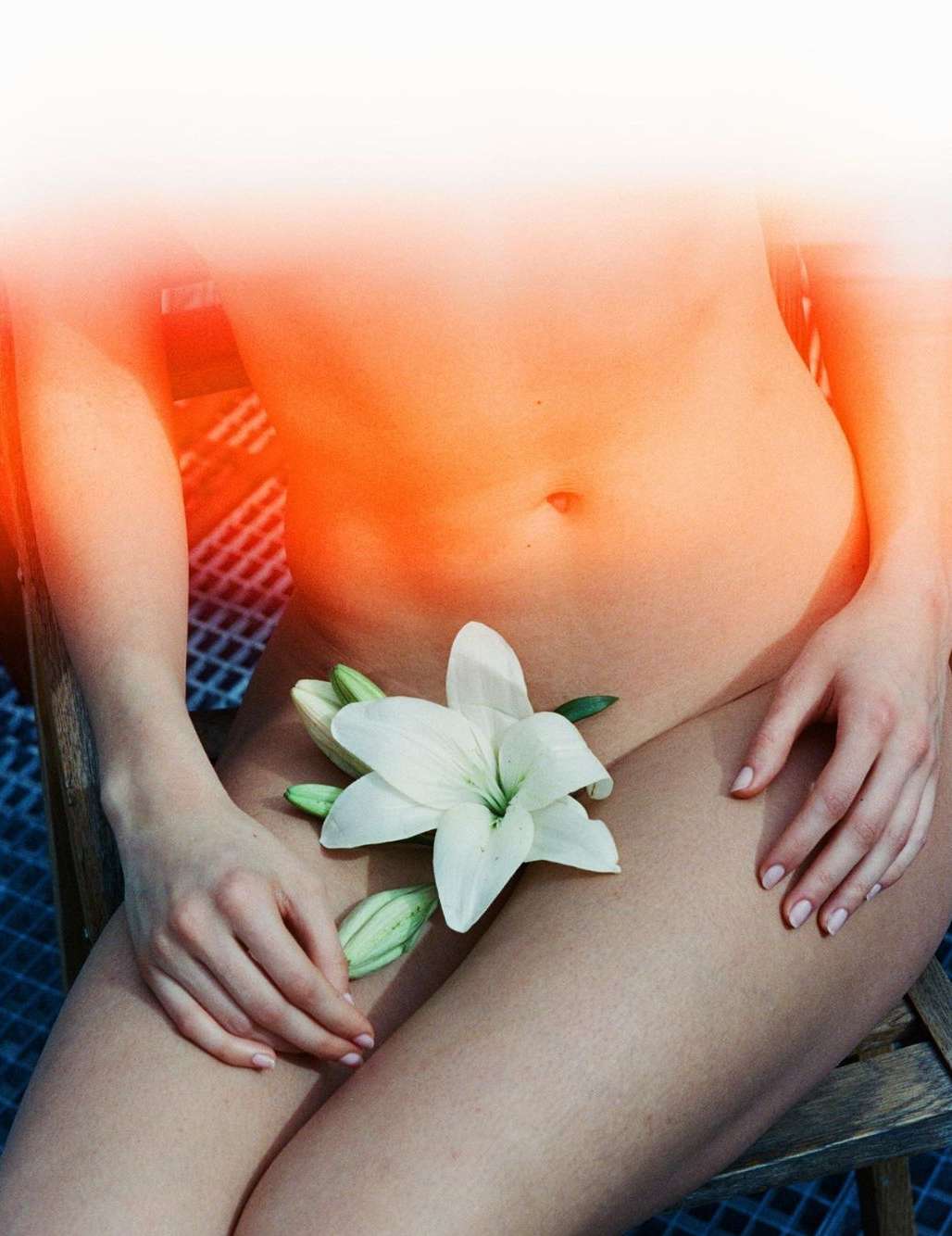 Torso of a woman seated with a white lily covering her lower body, photographed in natural light, creating a soft, intimate atmosphere.