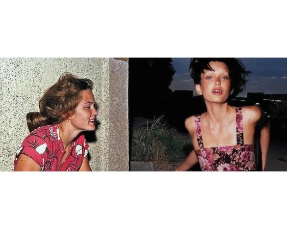 Diptych portrait featuring two young women outdoors wearing floral print tops under natural evening light by Drew Vickers.