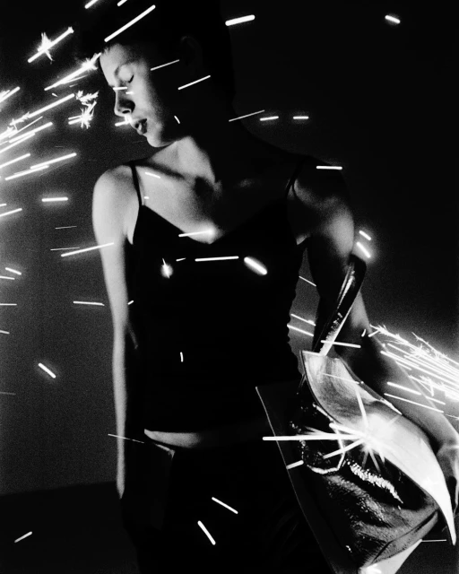 Black and white fashion shot of woman in spaghetti strap top holding reflective purse amid flying sparks, creating dramatic effect.